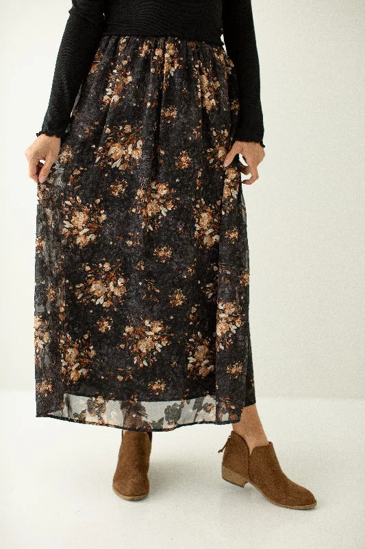 'Willa' Printed Jacquard Chiffon Skirt in Black