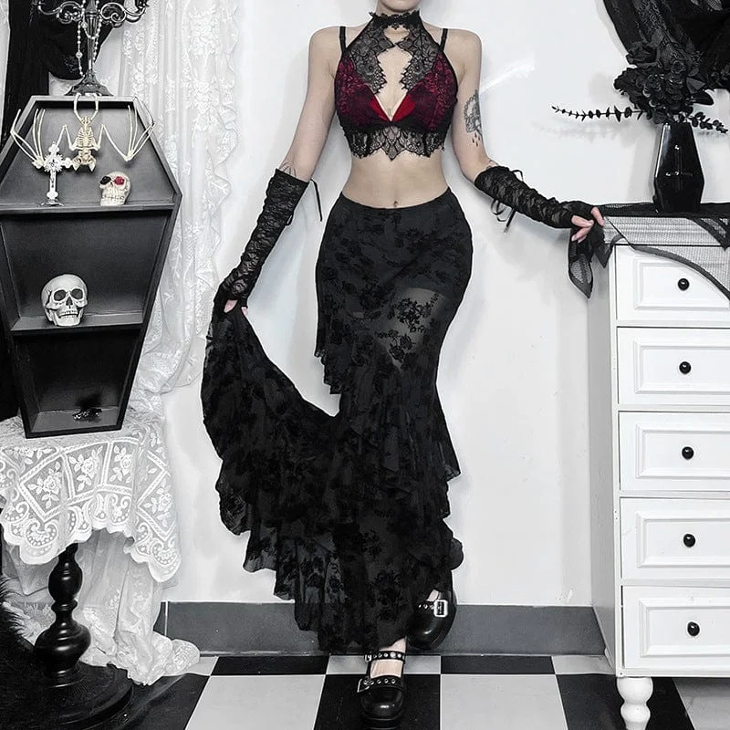 Women's Gothic Ruffled Mesh Lace Long Skirt