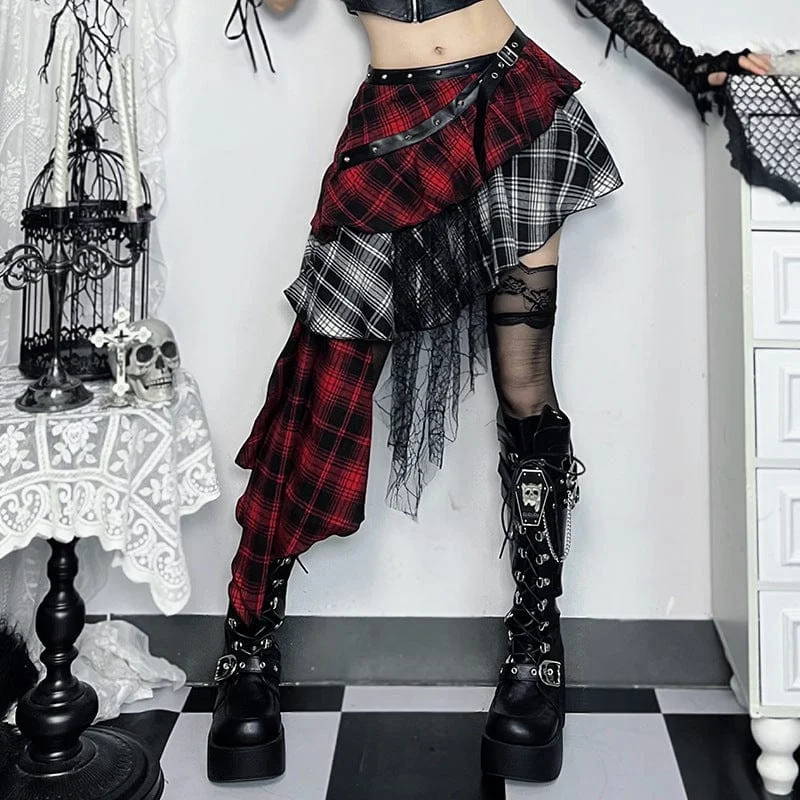 Women's Grunge Plaid Irregular Hem Skirt Black Red