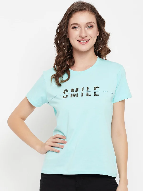 Women's Casual Regular Short Sleeve Aqua Round neck Typographic Print T-Shirt