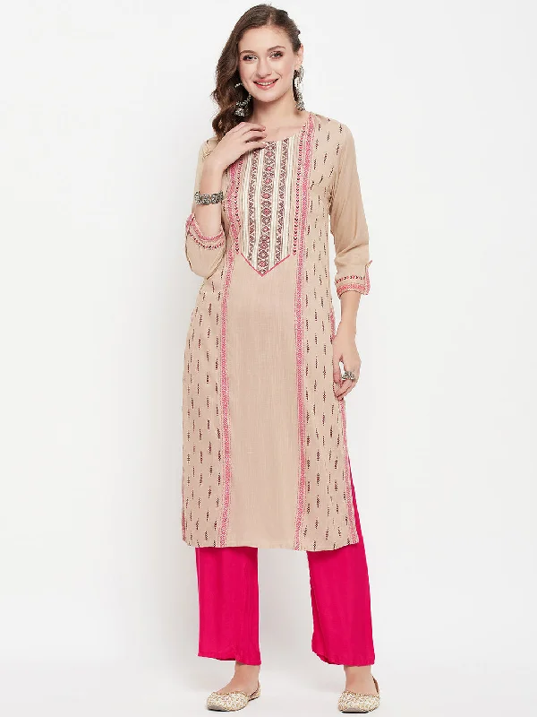 Women's Round Neck Beige Printed Knee Length Kurti