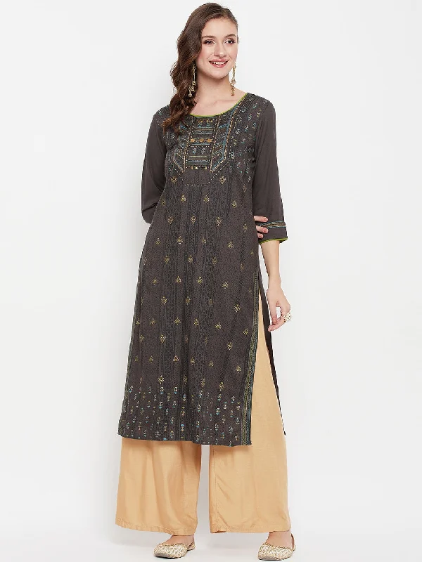 Women's Round Neck Dark Grey Printed Knee Length Kurti