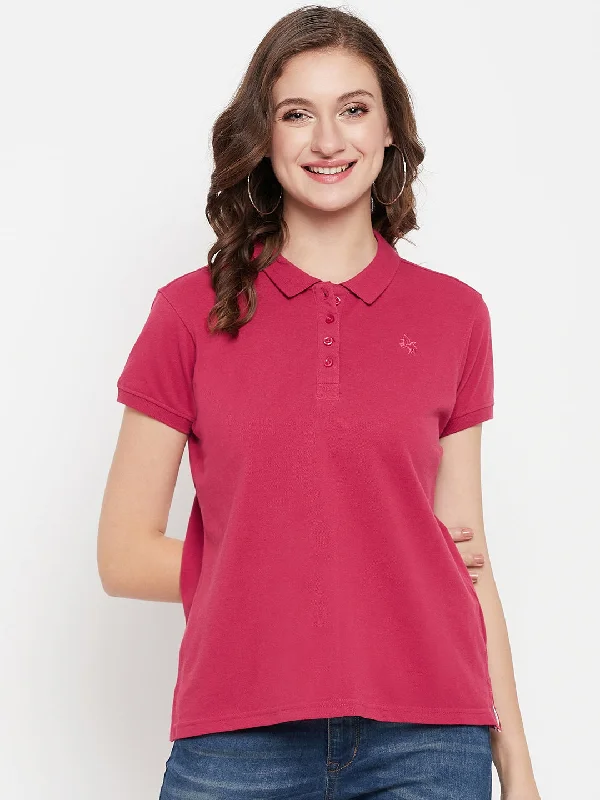 Women's Casual Regular Short Sleeve Dark Pink Polo neck  T-Shirt