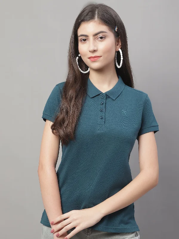 Women's Casual Regular Short Sleeve Bottle Green Polo neck  T-Shirt