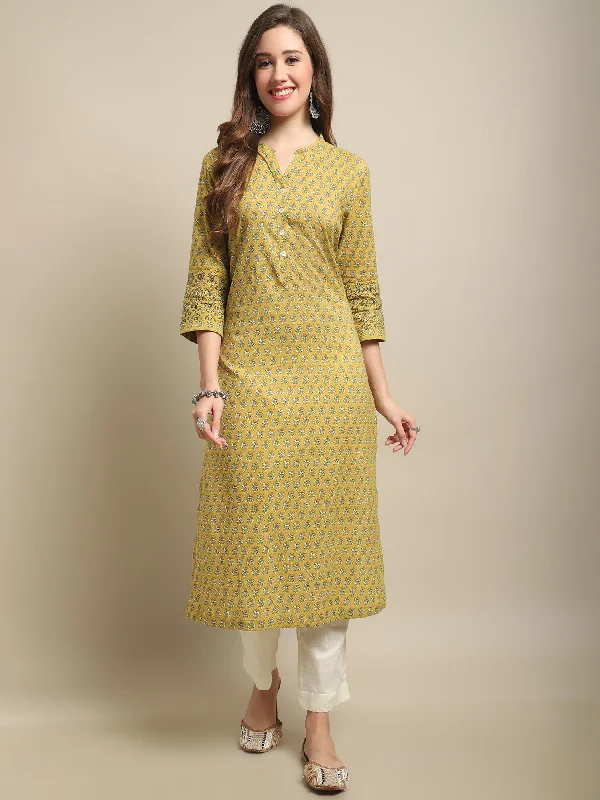 Women's Casual Band Collar Mustard All over Printed Knee length Kurti