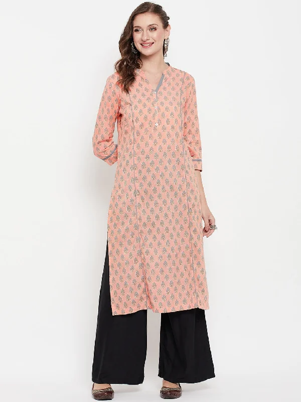 Women's Casual Band Collar Peach All Over Printed Calf Length Kurti