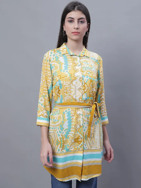 Women's Casual  Mustard Border Print Spread Collar Tunic