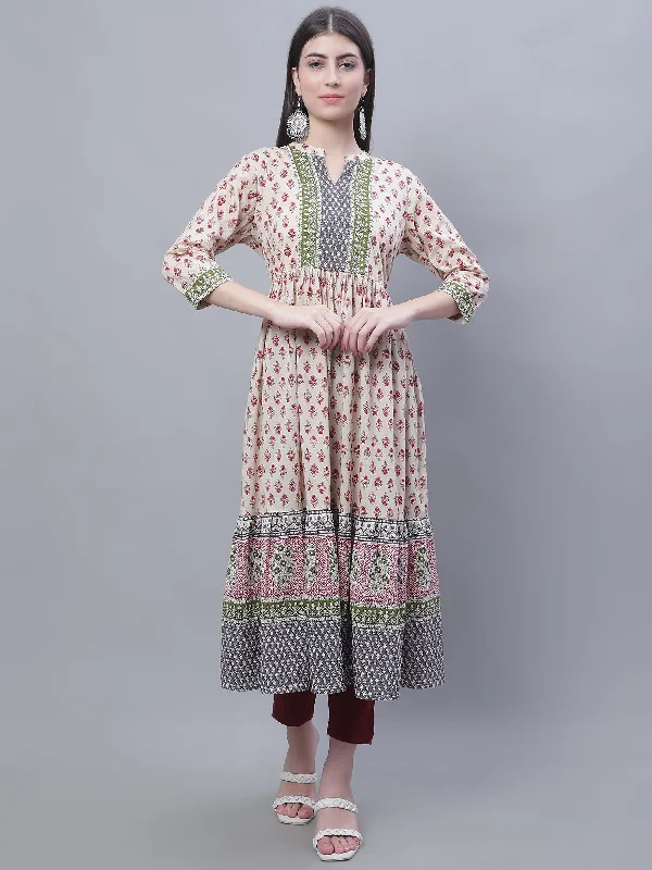 Women's Casual Band Collar Offwhite All Over Printed with Border Calf Length Kurti