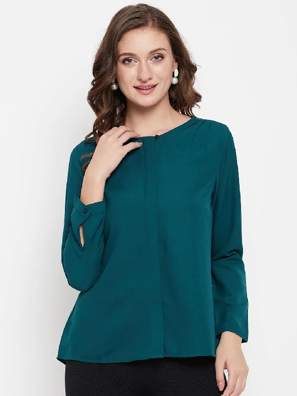 Women's Casual  Teal Blue Solid Round neck Top